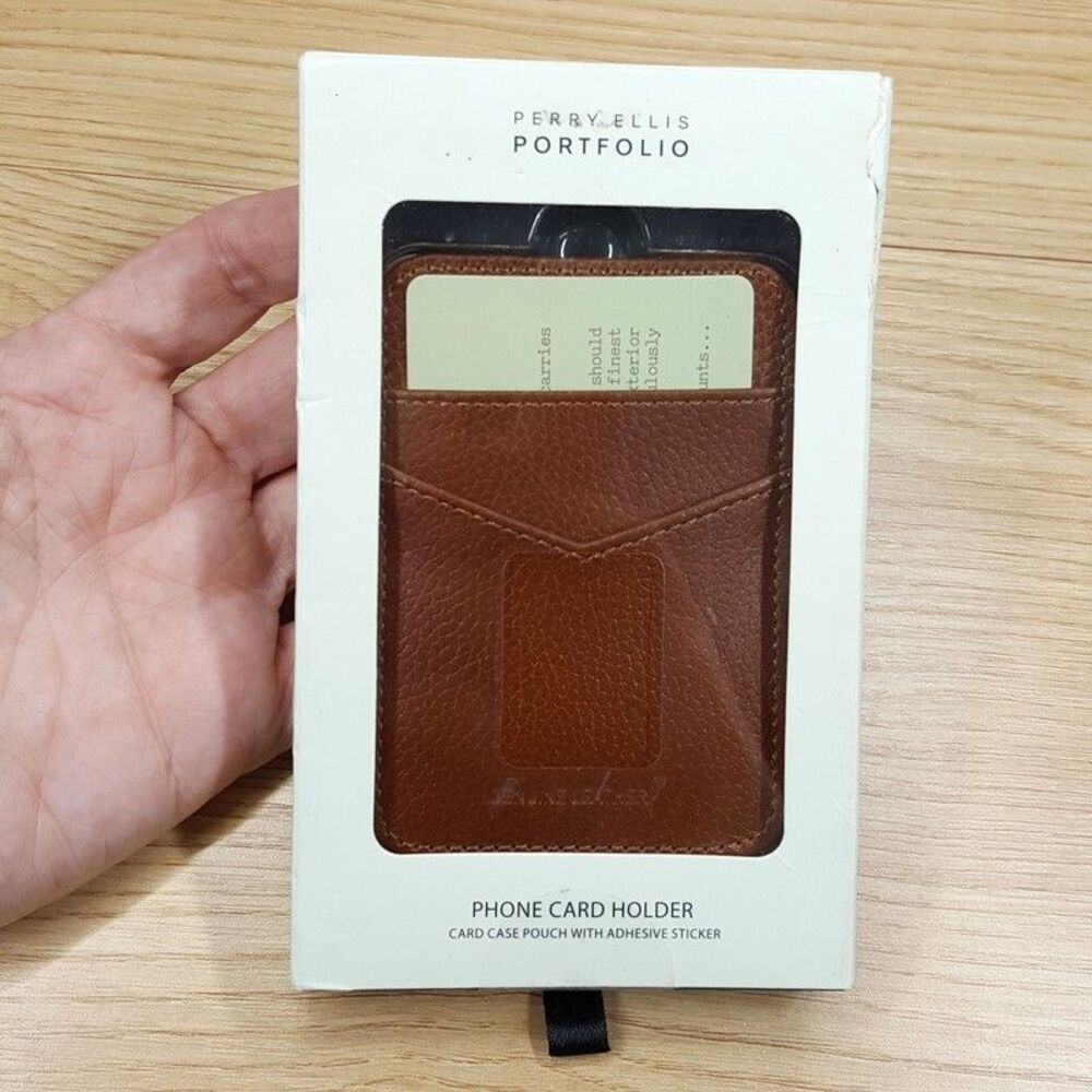 PERRY ELLIS Mens Wallet Brown Leather Card Holder for Phone includes Adhesive